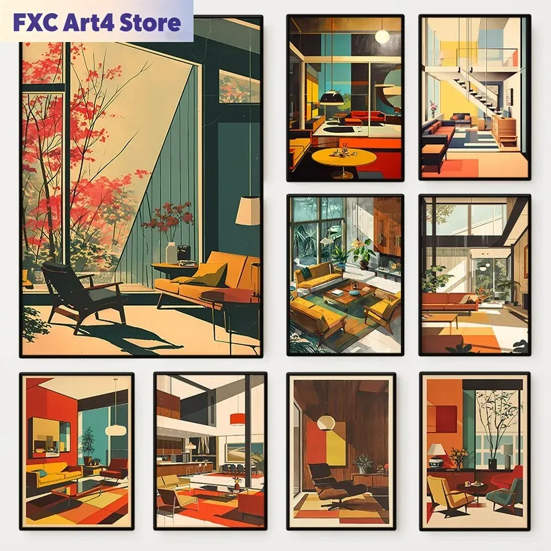Interior Design Studio - Bezramowy Vintage Plakat Architektoniczny do Wnętrz,