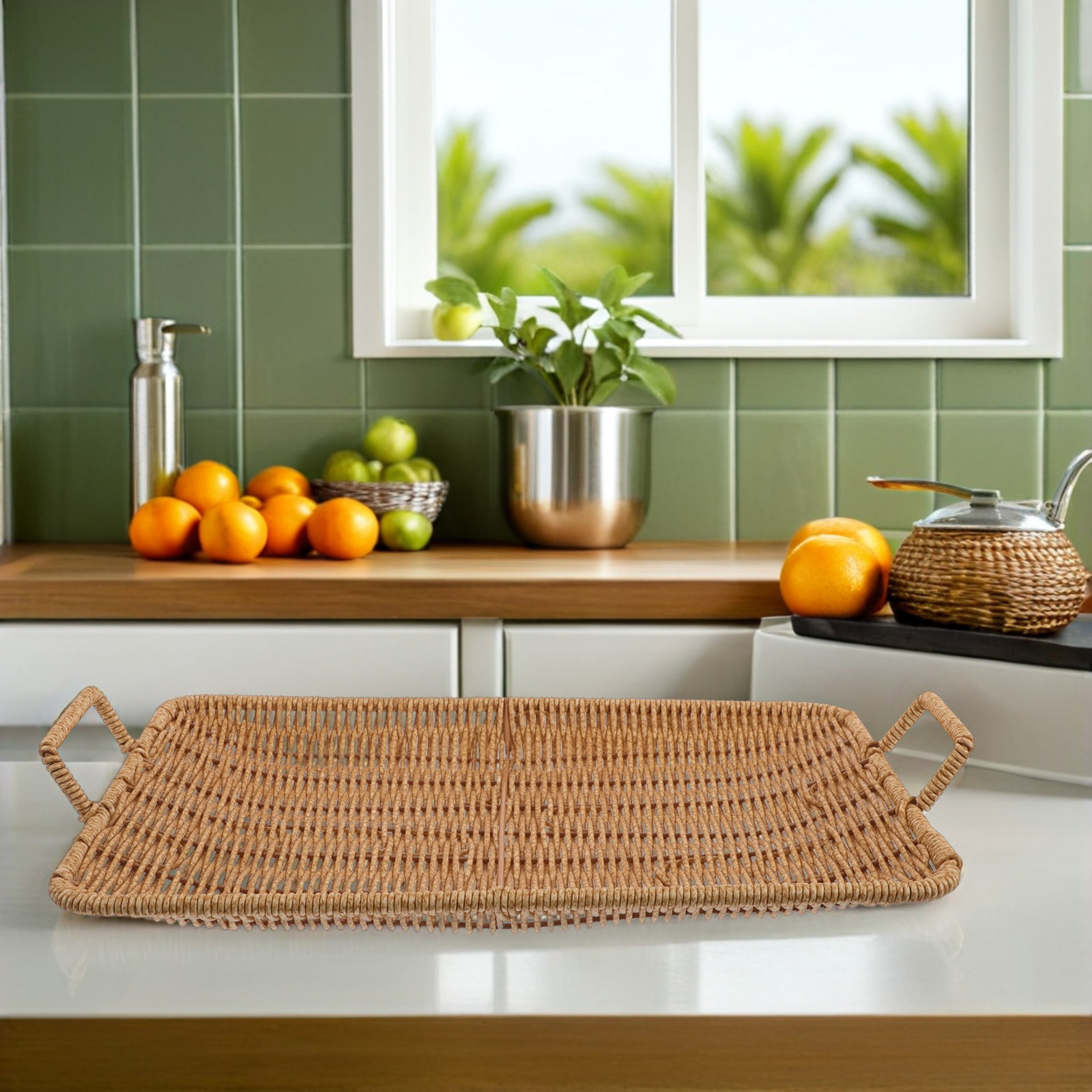 Rattan Tray Handle - Mały prostokątny plastikowy koszyk do smażenia,