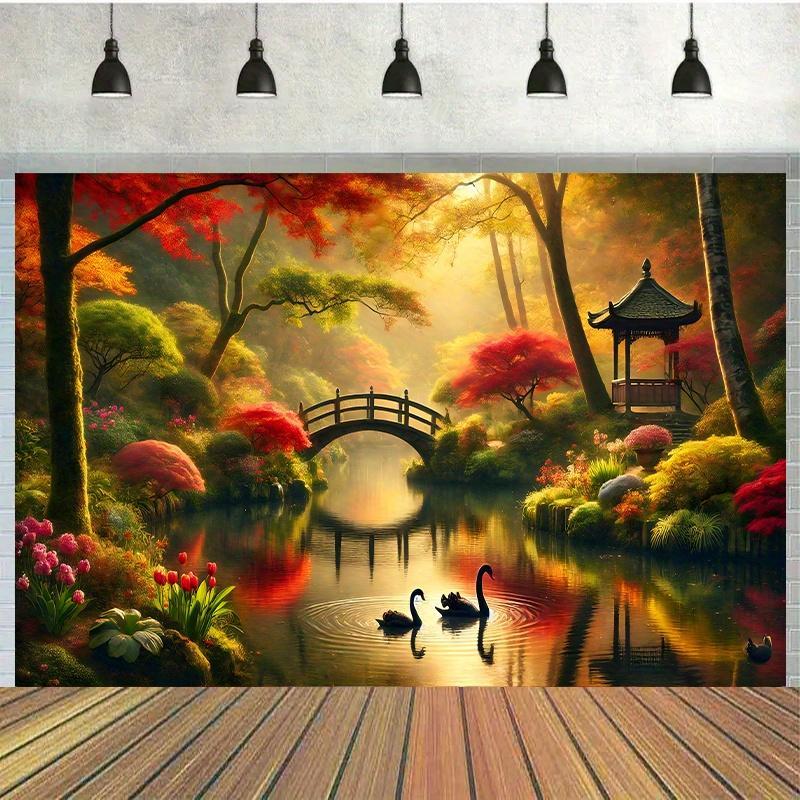Interior Design With Wallpaper - Jesienny Ogród Most Łabędzie Gobelin Ścienny